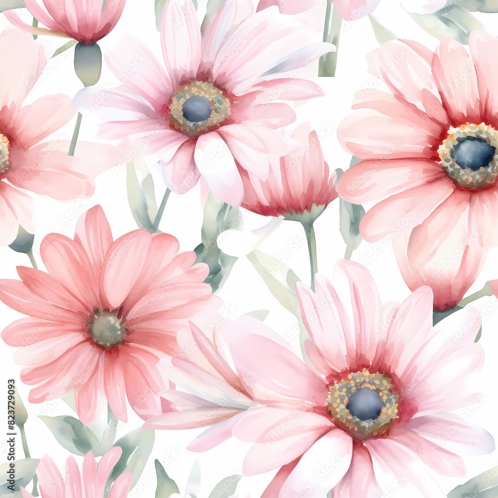 Seamless floral pattern with watercolor pink daisies and green leaves. Print for wallpaper, cards, fabric, wedding stationary, wrapping paper, cards, backgrounds, textures