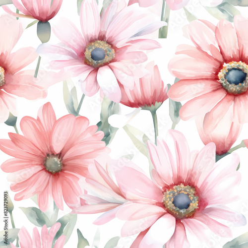 Seamless floral pattern with watercolor pink daisies and green leaves. Print for wallpaper  cards  fabric  wedding stationary  wrapping paper  cards  backgrounds  textures