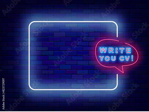 Recruitment agency neon invitation. Empty white frame and write your cv text. We are hiring banner. HR design. Work searching. Glowing flyer. Editable stroke. Copy space. Vector stock illustration