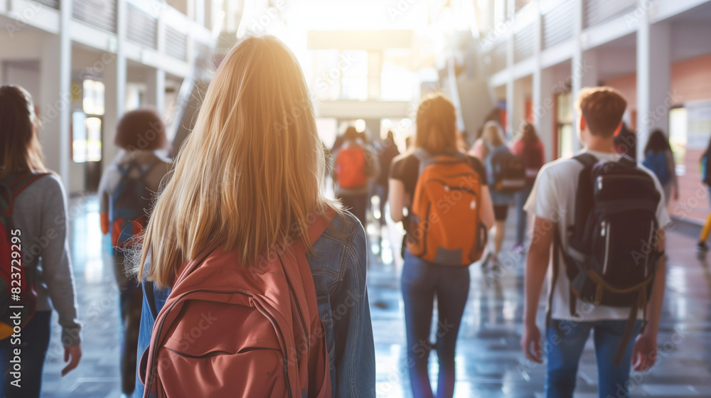 Group of People Walking Down a High School Hallway Group of People Walking Down a High School Hallway