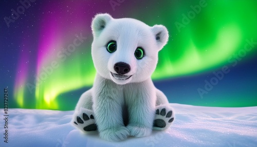 Panda 3D render cute Baby ice bear with big Eyes, friendly and sitting in a Beautiful Snow landscape with northern lights,panda, animal, ours, dessin animé, panda animal icon photo