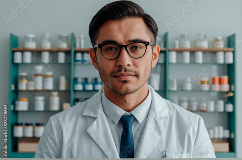 Confident Pharmacist Poses for Camera in Bright Studio Portrait photo