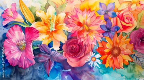 Vibrant Floral Watercolor Painting Featuring Multicolored Flowers in Full Bloom