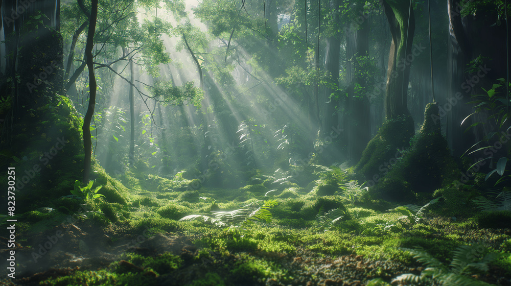 Obraz premium sun rays in the forest with natural beauty 