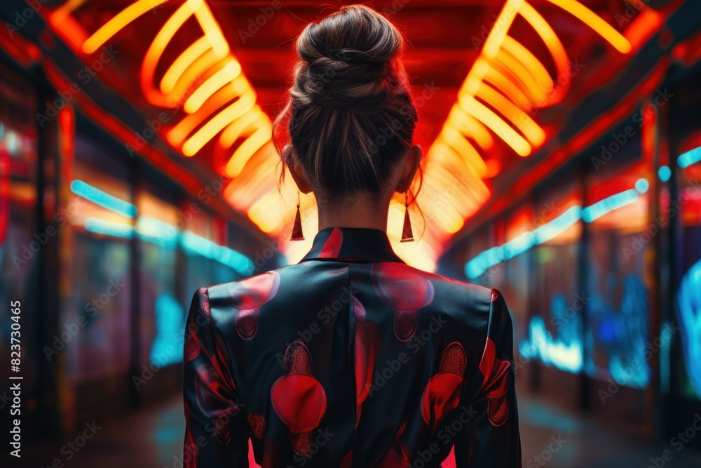 Obraz premium Back view of a stylish woman in a neon-lit urban passageway, showcasing modern fashion