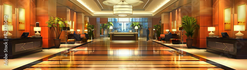 Hotel Lobby Floor: Showing check-in desks, concierge services, seating areas, and guests arriving with luggage photo