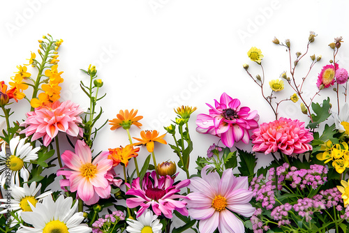 Vibrant colorful flowers on white background. Floral backdrop with copy space.