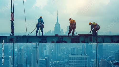 Construction workers on a high-rise, suspended on safety harnesses, welding steel beams with a city skyline in the background