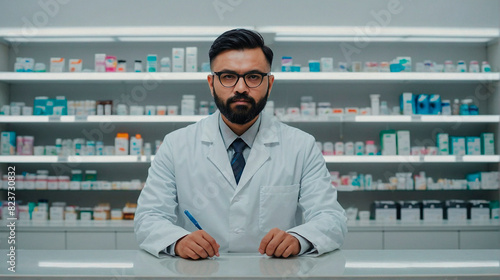 Confident Pharmacist Poses for Camera in Bright Studio Portrait photo