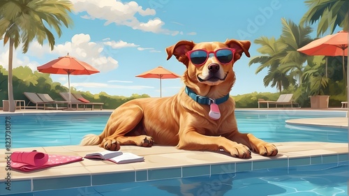 Illustration of a dog on vacation at the swimming pool. photo