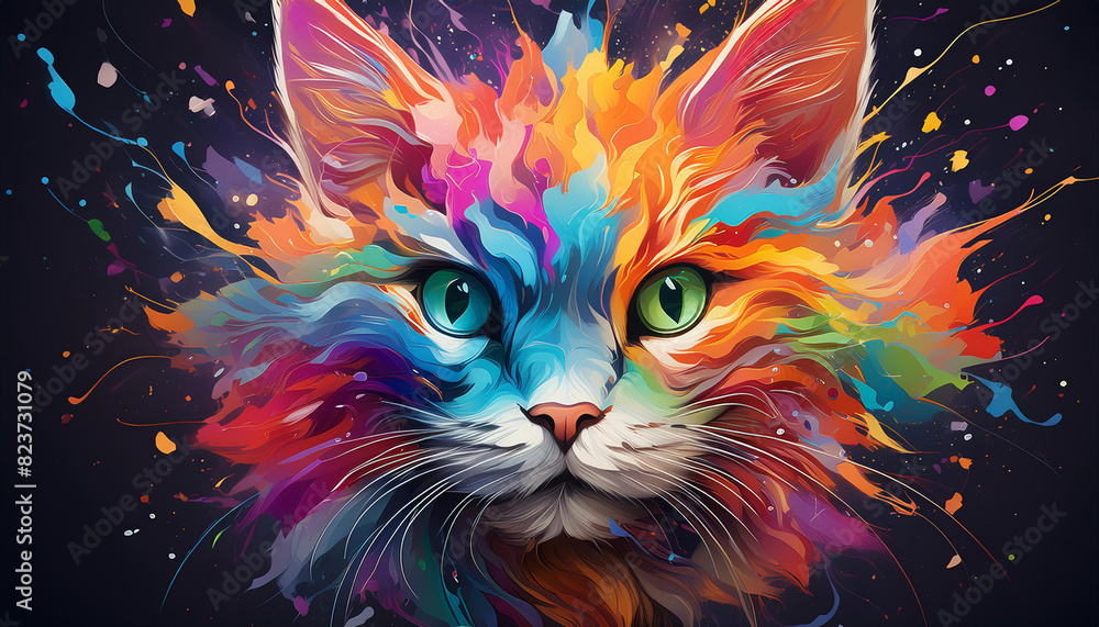 Fototapeta A colorful cat with green eyes is the main focus of the image