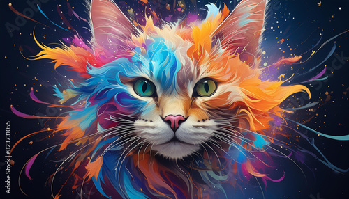 A colorful cat with green eyes is the main focus of the image