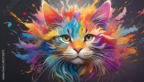 A colorful cat with green eyes is the main focus of the image