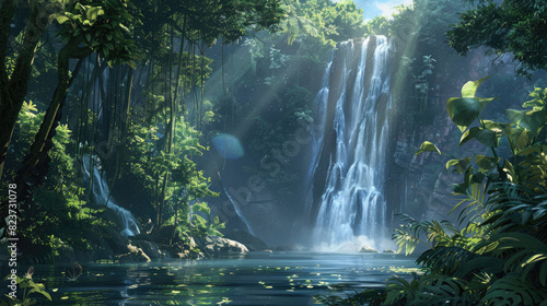 Rainforest Waterfall  A dense rainforest with towering trees and thick undergrowth  where a majestic waterfall cascades into a crystal-clear pool  anime background.