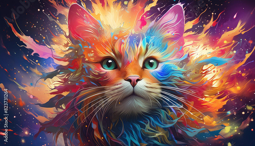 A colorful cat with green eyes is the main focus of the image