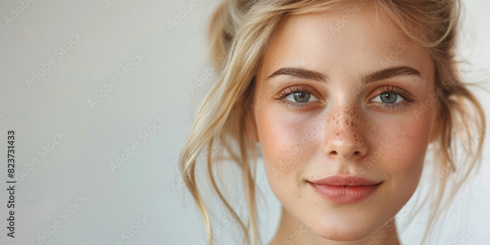 A beauty portrait of a young blond woman, exuding health and skincare perfection with sensual lips. A beauty portrait of a young blond woman, exuding health and skincare perfection with sensual lips.