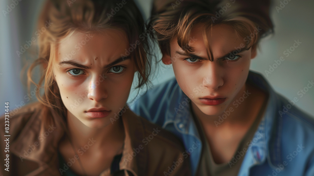 Young girl and boy, staring angrily into the camera Young girl and boy, staring angrily into the camera