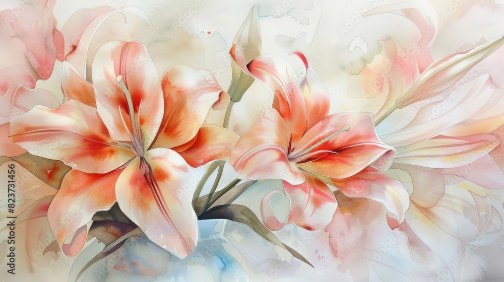 Beautiful Watercolor Painting of Lilies With Soft Pastel Colors in Springtime Beautiful Watercolor Painting of Lilies With Soft Pastel Colors in Springtime