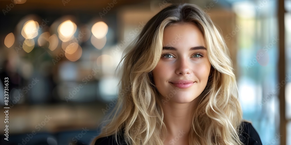 Portrait of a young American businesswoman with blonde hair smiling for advertisement. Concept Business, Portrait, Smiling, American, Advertisement Portrait of a young American businesswoman with blonde hair smiling for advertisement. Concept Business, Portrait, Smiling, American, Advertisement