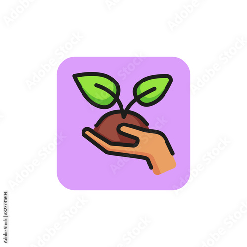 Icon of hand with sapling. Care, plant, nature Ecology concept. Can be used for topics like gardening, conservation, floriculture