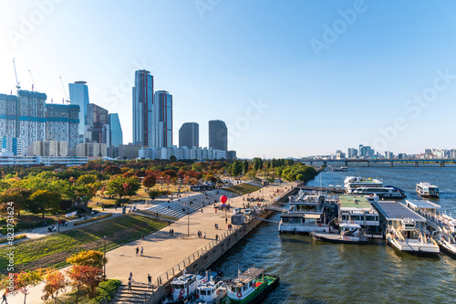Photography Aerial view of yeouido Hangang park in autumn season with skyscrapers and  moder