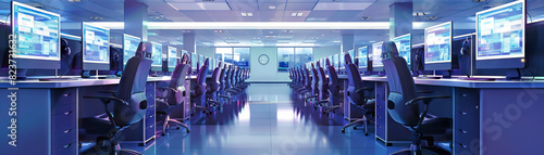 Call Center Floor: Displaying rows of cubicles, computer monitors, headsets, and customer service representatives taking calls