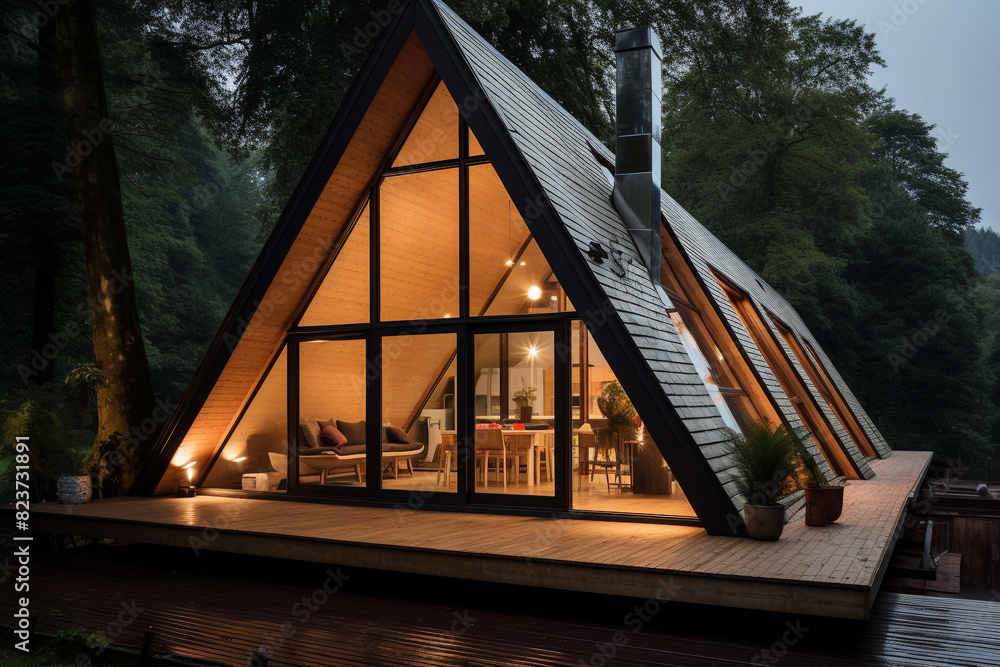 Triangular wooden house with a terrace and panoramic windows on the ...