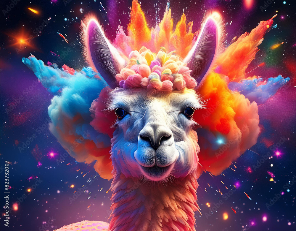 A colorful llama with a rainbow mane and a big smile