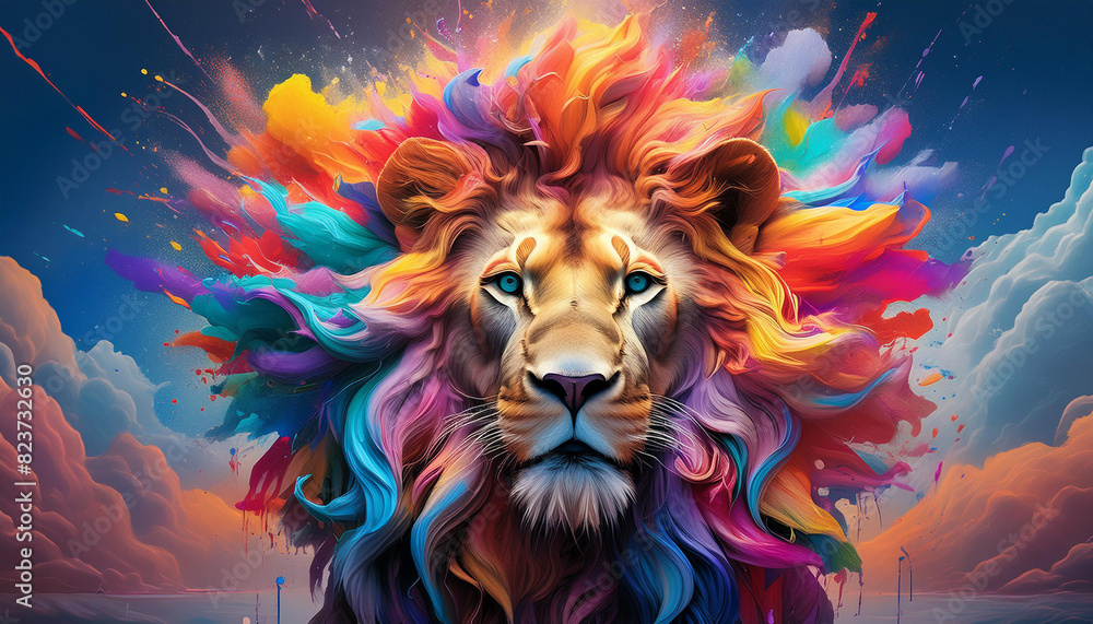 A colorful lion with a green eye A colorful lion with a green eye