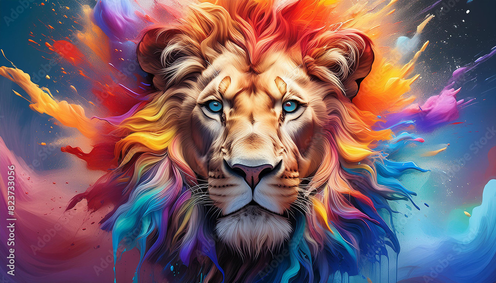 Fototapeta A colorful lion with a green eye