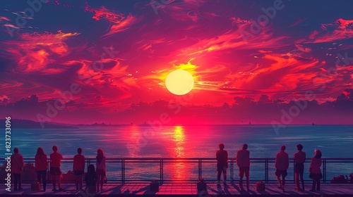 People watching sunset at sea. Characters from behind  looking and enjoying evening sky  sun  standing on deck  pier. Seaside landscapes  travel posters set. Flat graphic vector illustrations