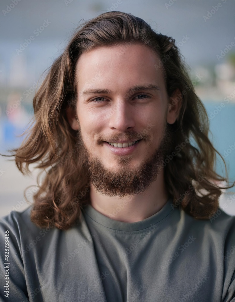 Portrait of a charismatic young man with a bright smile, long wavy hair, and beard posing casually Portrait of a charismatic young man with a bright smile, long wavy hair, and beard posing casually