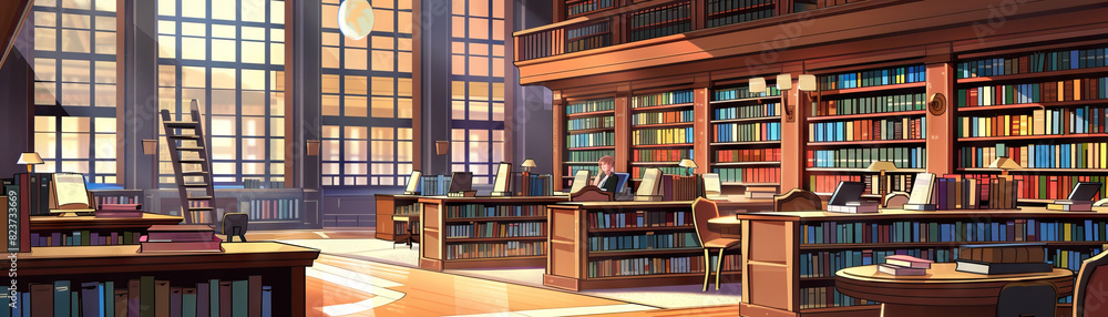 Library Floor: Showing bookshelves, study tables, reading nooks, and patrons reading books Library Floor: Showing bookshelves, study tables, reading nooks, and patrons reading books