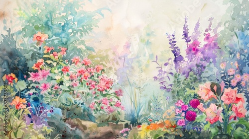 Vibrant Watercolor Garden With Blossoming Flowers in a Lush Summer Landscape