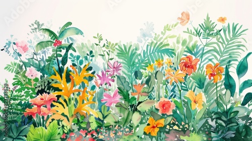 Vibrant Watercolor Garden With Blossoming Flowers in a Lush Summer Landscape