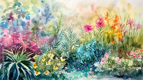 Vibrant Watercolor Garden With Blossoming Flowers in a Lush Summer Landscape