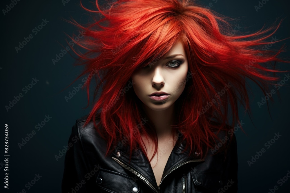 Striking portrait of a woman with vibrant red hair and a captivating look against a dark background Striking portrait of a woman with vibrant red hair and a captivating look against a dark background