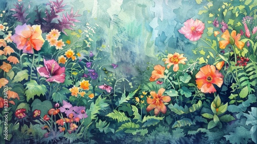 Vibrant Watercolor Garden With Blossoming Flowers in a Lush Summer Landscape