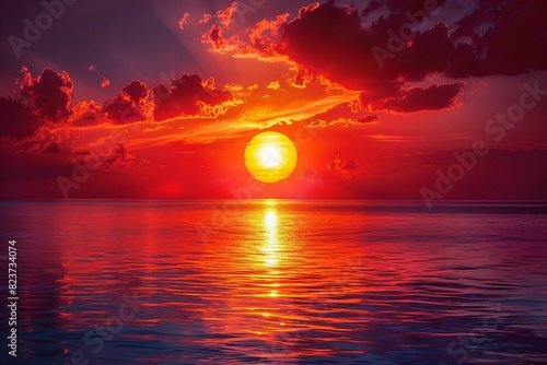 Digital image of red sunset over the sea with yellow sun on horizon. beautiful landscape background with copy space, nature photography photo