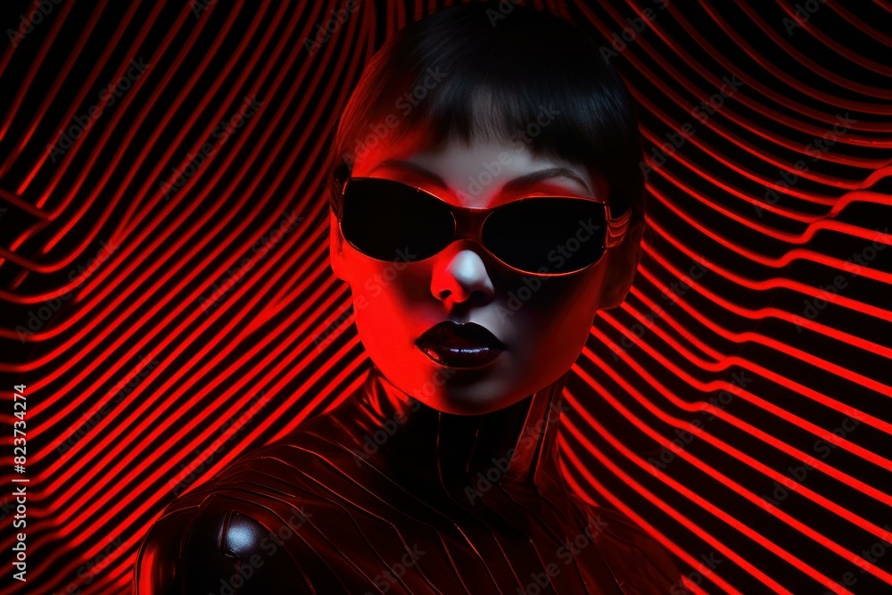 Stylish woman in sunglasses posing against a dynamic red neon-patterned background Stylish woman in sunglasses posing against a dynamic red neon-patterned background