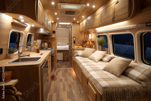 Tourist camper interior. Luxurious motorhome with kitchen and sofas. © serperm73