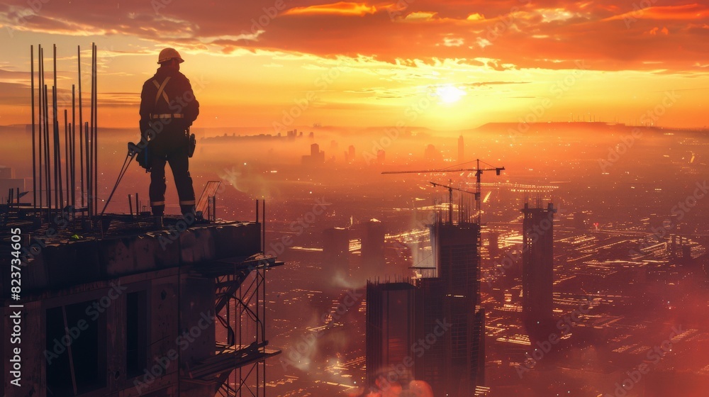 The image shows a construction worker standing on a rooftop overlooking a city at sunset.