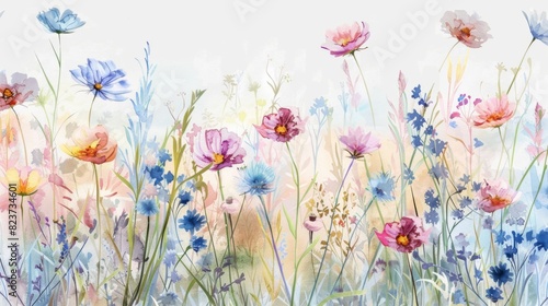 Vibrant Watercolor Garden With Blossoming Flowers in a Lush Summer Landscape