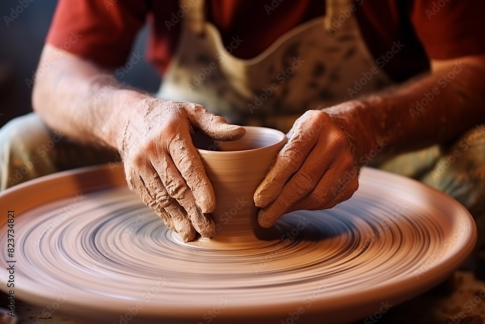 Close-up view of a potter's hand, a vase on a potter's wheel. Close-up view of a potter's hand, a vase on a potter's wheel.
