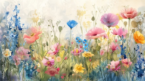 Vibrant Watercolor Garden With Blossoming Flowers in a Lush Summer Landscape