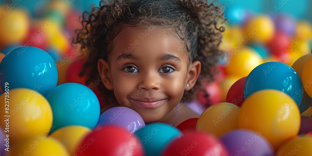 Obraz premium A joyful black girl plays in a colorful playground with plastic balls, radiating happiness.