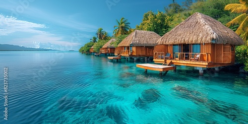 An idyllic, peaceful tropical island resort with straw-roofed cabins overlooking azure waters.