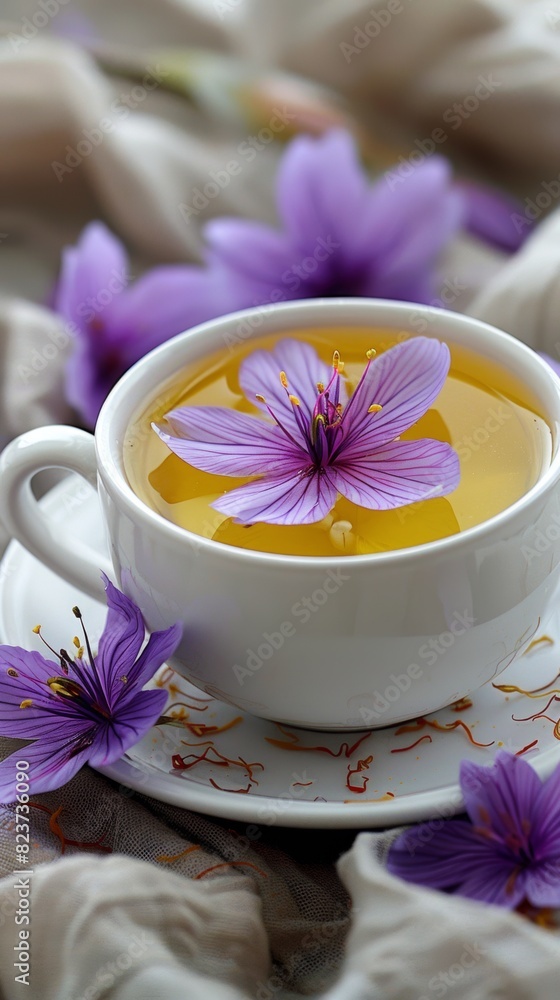 Serene cup of herbal tea with vibrant purple saffron flowers Serene cup of herbal tea with vibrant purple saffron flowers