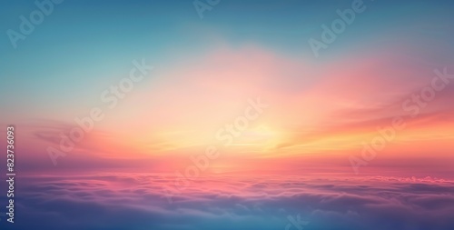 Sunset over tranquil cloudy landscape in soft pastel colors of pink and blue. Wide panoramic illustration ideal for background in inspirational projects or decorative designs © Iaroslav Lazunov
