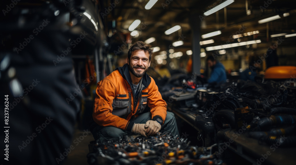 Confident mechanic in an orange work vest smiling in a well-stocked workshop filled with various car parts